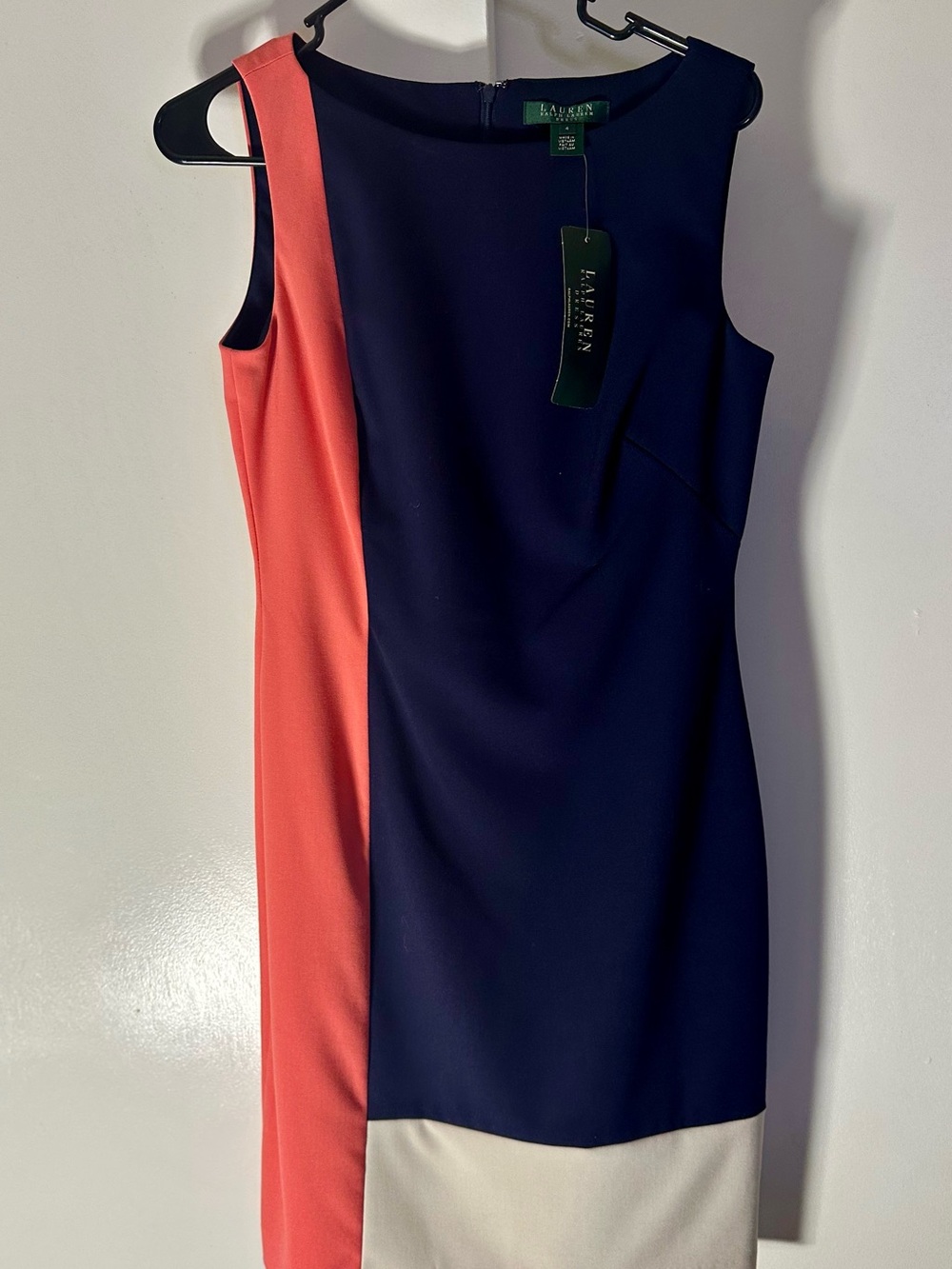 Lauren Ralph Lauren Navy, Coral and Cream Colorblock Midi Sheath Dress